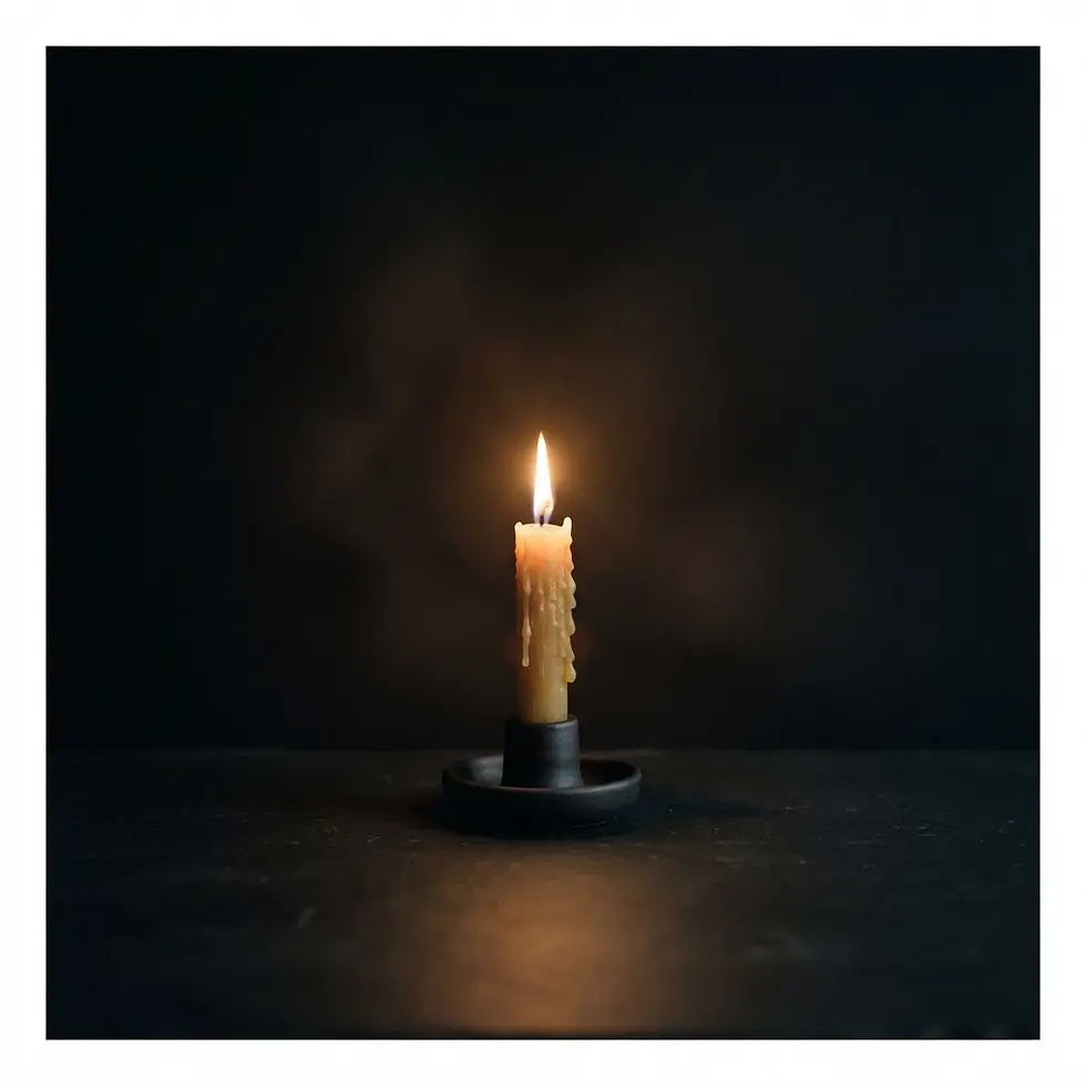Still life photography of a single lit candle on a dark surface. The warm flame illuminates faint smoke, creating a contemplative mood.