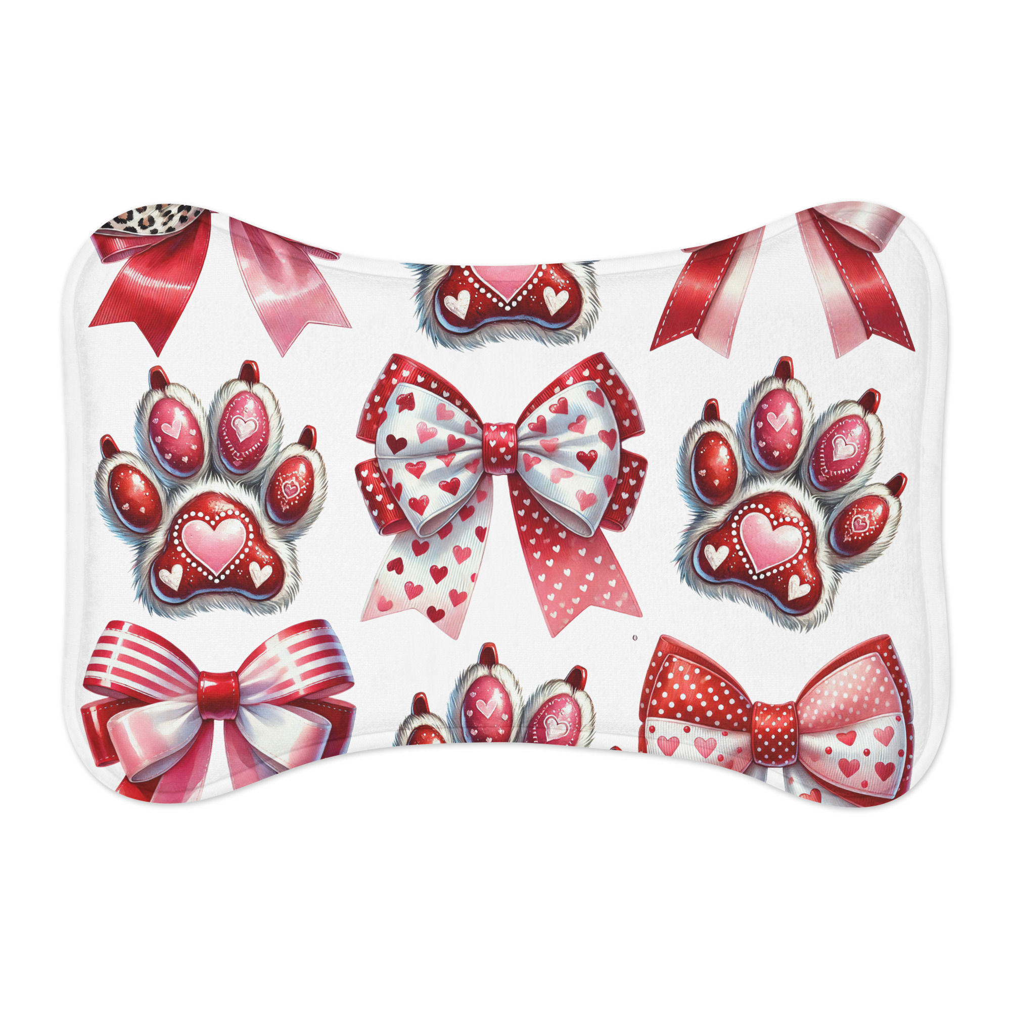 Dog bone-shaped pillow with paws, bows, and hearts; Valentine's Day decorations.