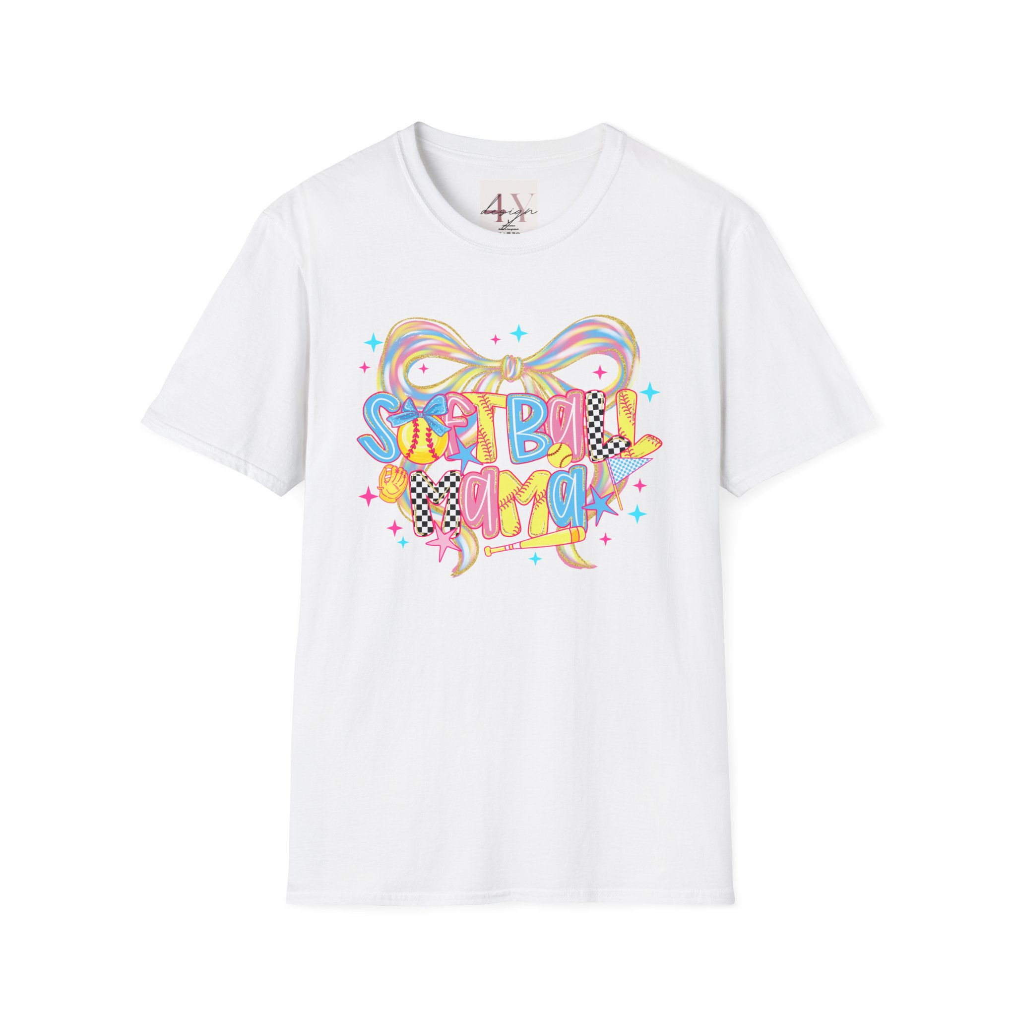 Softball Mama T-Shirt — Colorful Bow Graphic for Moms & Players