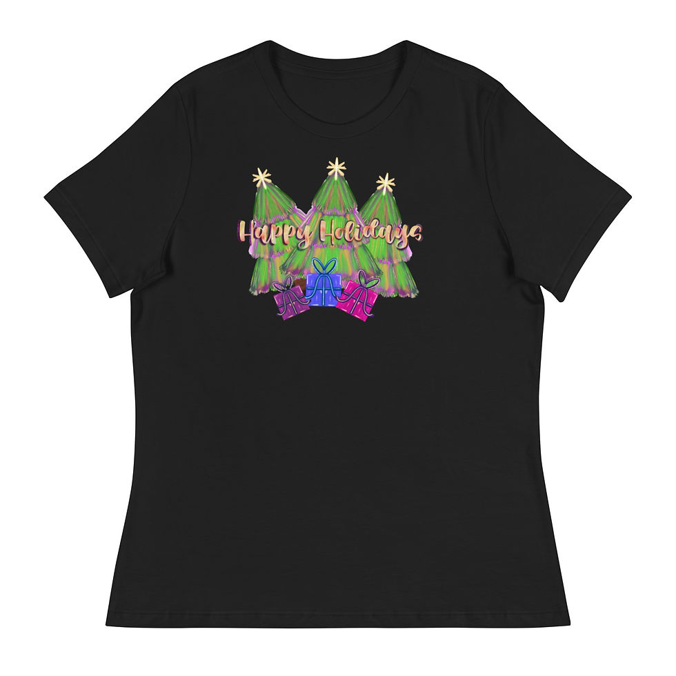 Thumbnail: Black t-shirt with "Happy Vintage" design and colorful Christmas trees.