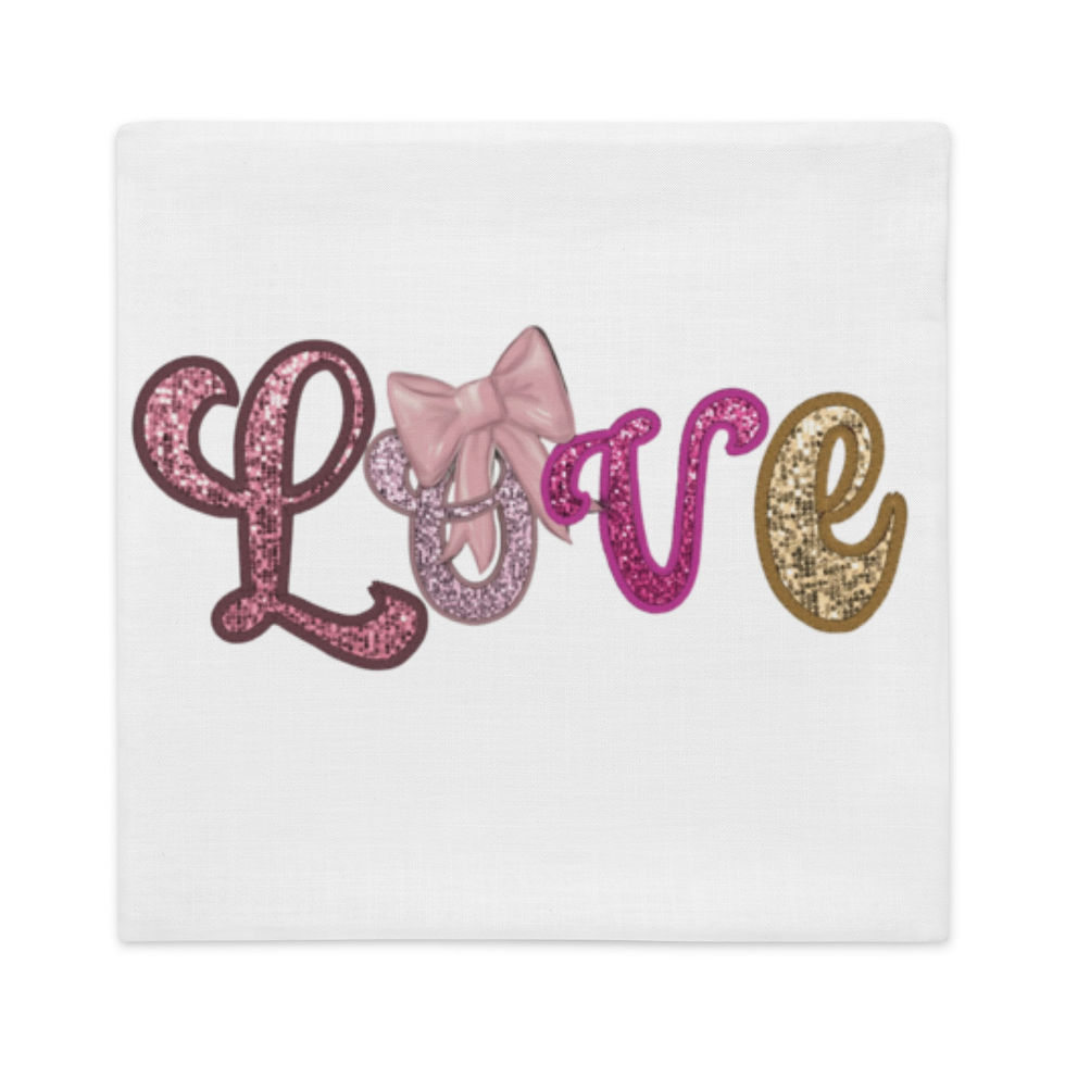 Thumbnail: White pillow with the word "LOVE" in sparkly pink and gold.