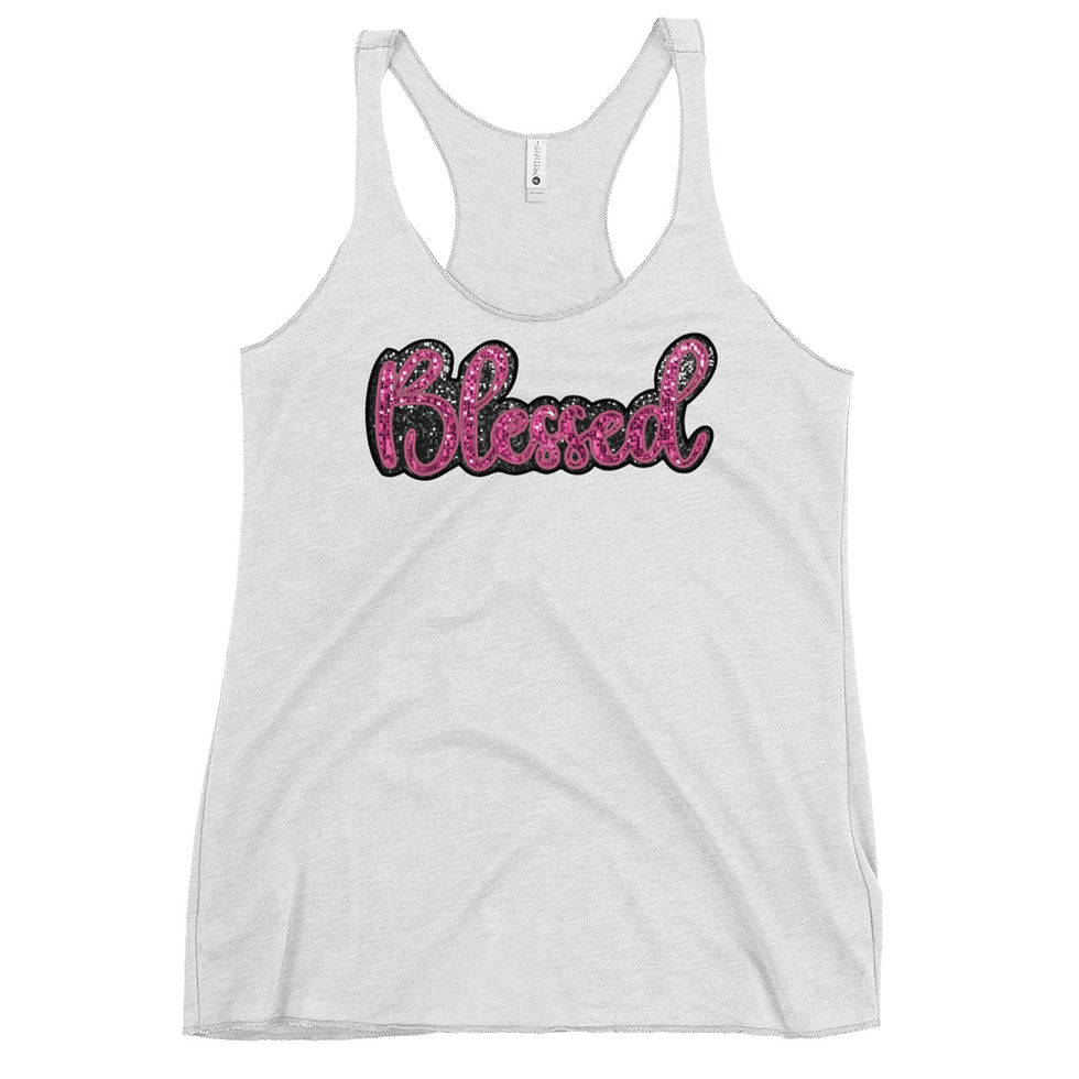 Thumbnail: White tank top with pink "Blessed" text design for casual wear.