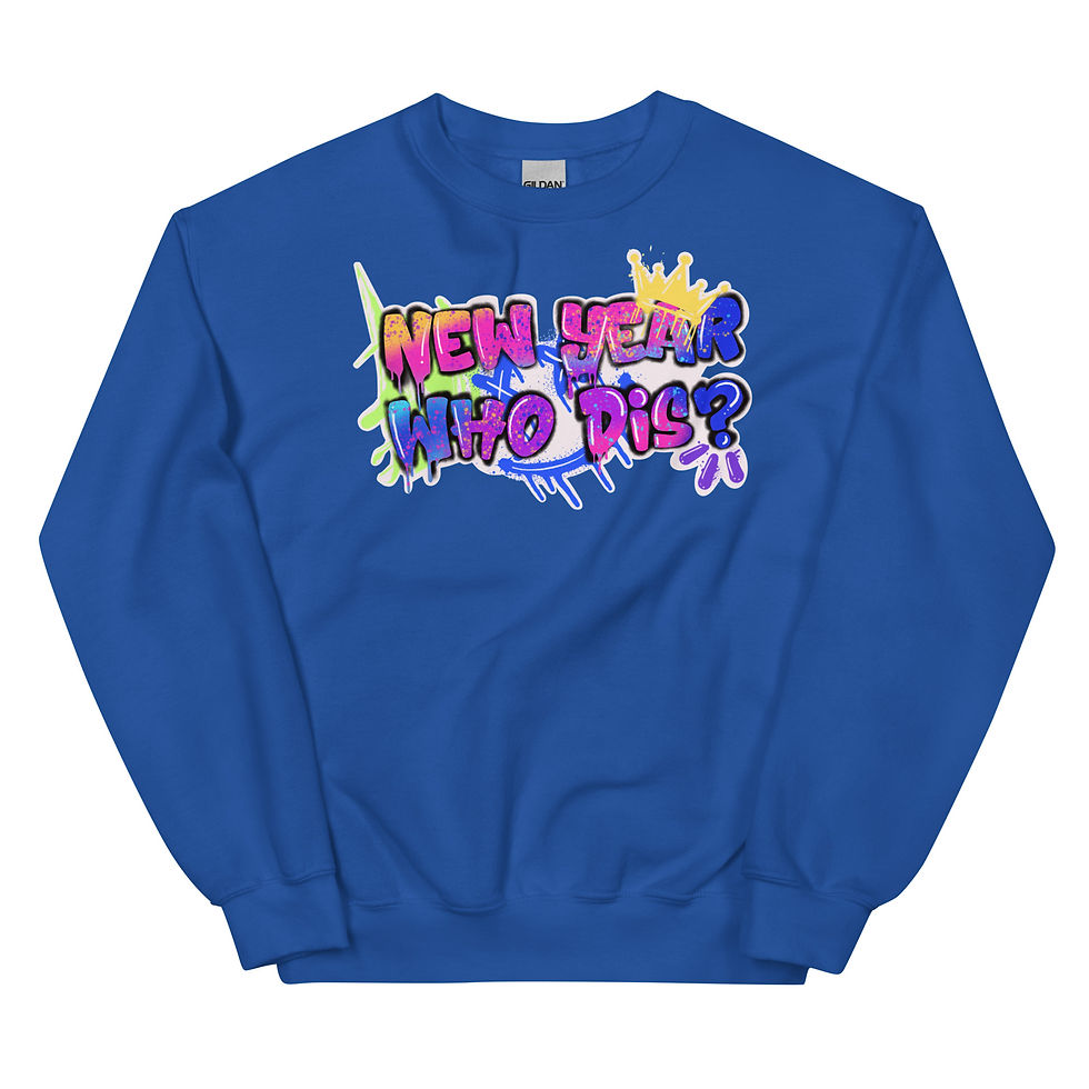 Thumbnail: Blue sweatshirt with graffiti-style text: "NEW YEAR WHO DIS?" background.