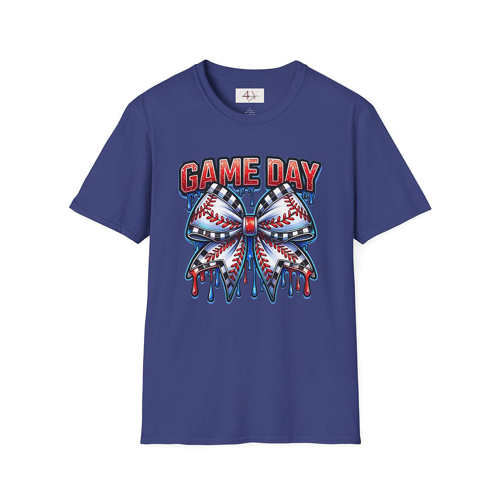 Thumbnail: Game Day Baseball Bow T-Shirt — Dripping Red & Blue Sports Graphic