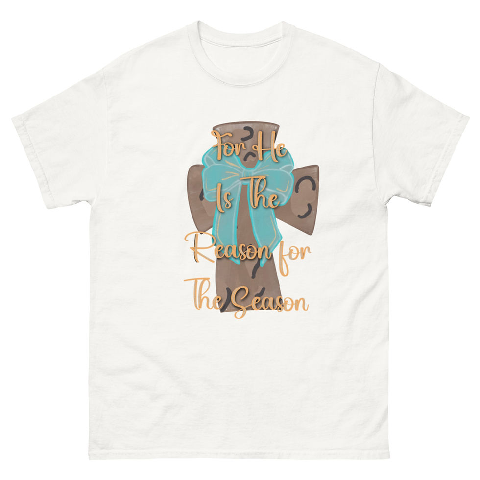 White t-shirt with brown cross and text: And He is the Reason for the Season.