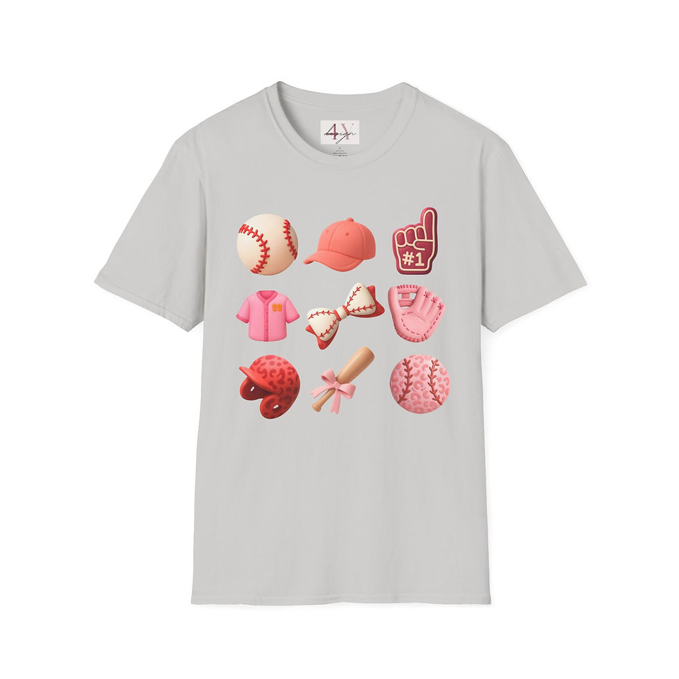 Thumbnail: Pink Baseball Icons T-Shirt | Bat, Glove, Cap, Helmet, Ball