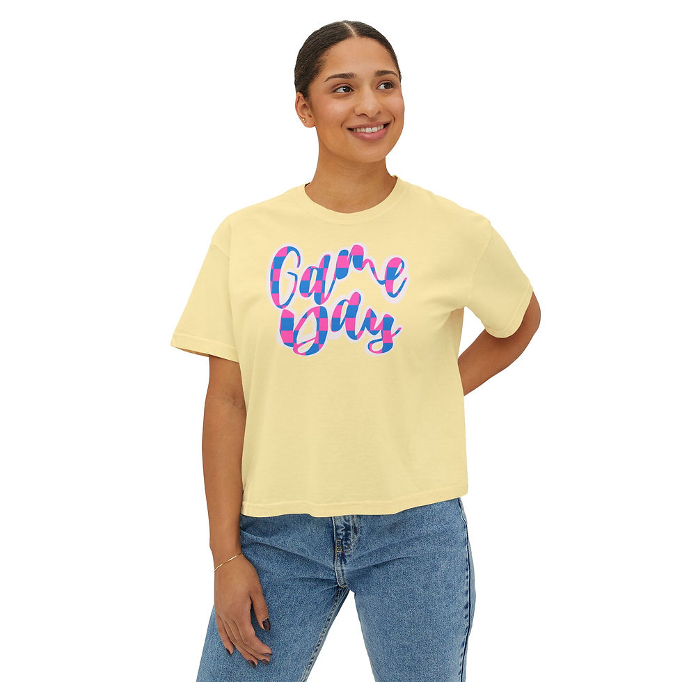 Thumbnail: Game Day Women's Boxy Tee — Pink & Blue Checkerboard Script