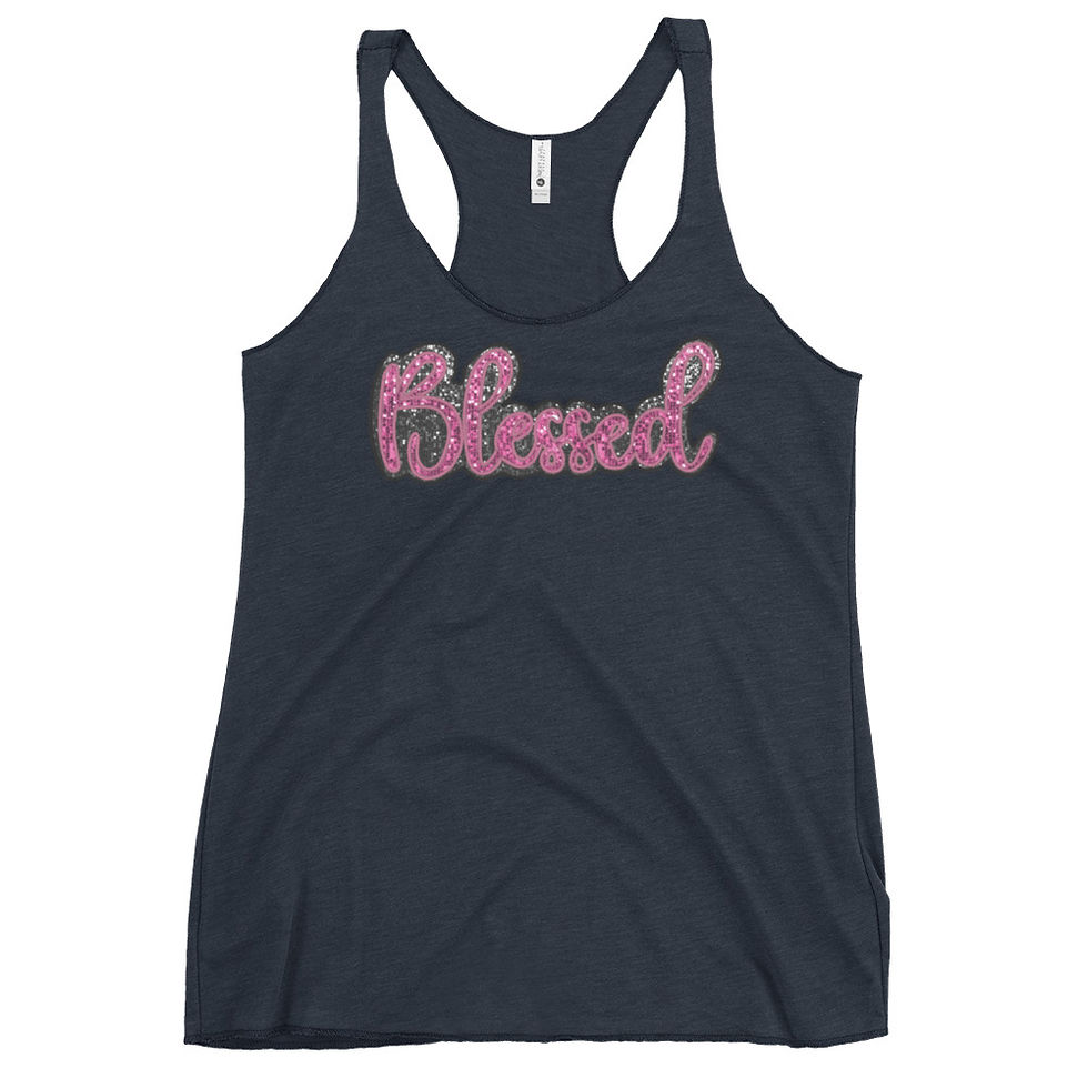 Thumbnail: Dark blue tank top with the word Blessed in pink script