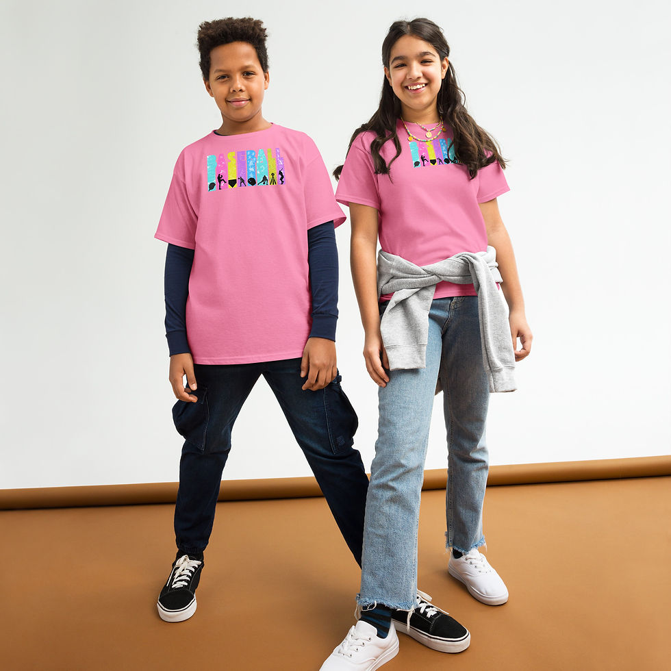 Thumbnail: Two kids wearing pink shirts with rainbow text, smiling and posing together