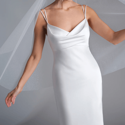 Modern gowns featuring sheath and slip dresses.