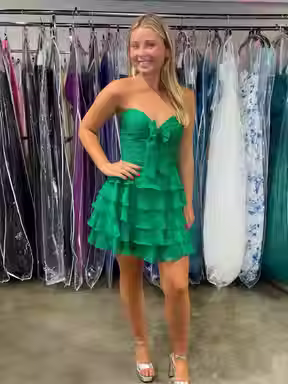 green homecoming dress with layered skirt