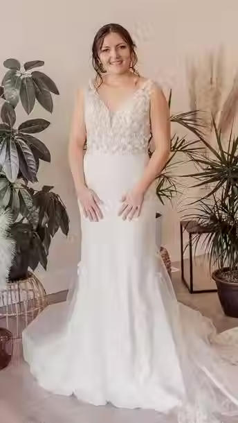 Bride in Embroidered Fit and Flare Wedding Gown with Illusion Bodice