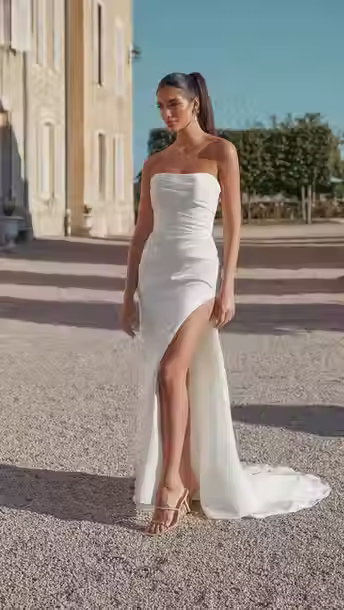 Sincerity Bridal 44445
Strapless Charmeuse Fit and Flare Wedding Gown with Ruched Bodice and Skirt