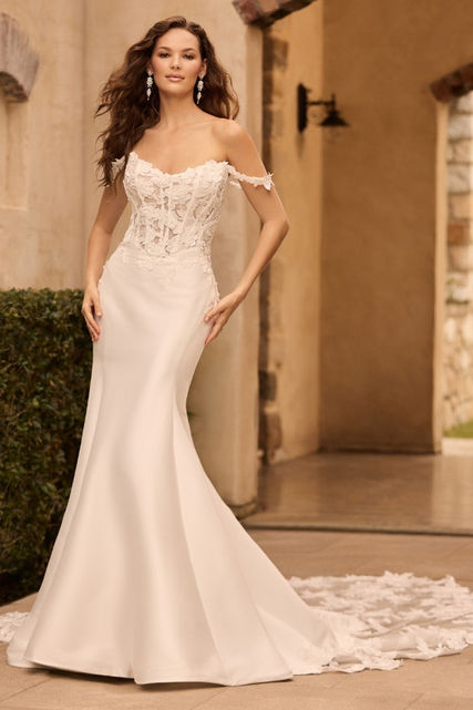 crepe sheath off-the-shoulder wedding dress