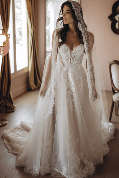 Bride in a white lace wedding gown and veil stands by a sunlit window in an elegant room.