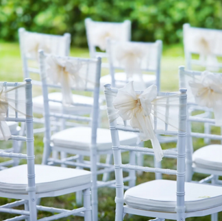 White chairs with cream bows tied on the backs, set up for an outdoor event.