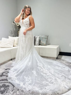 bride wearing an a-line wedding dress with lace