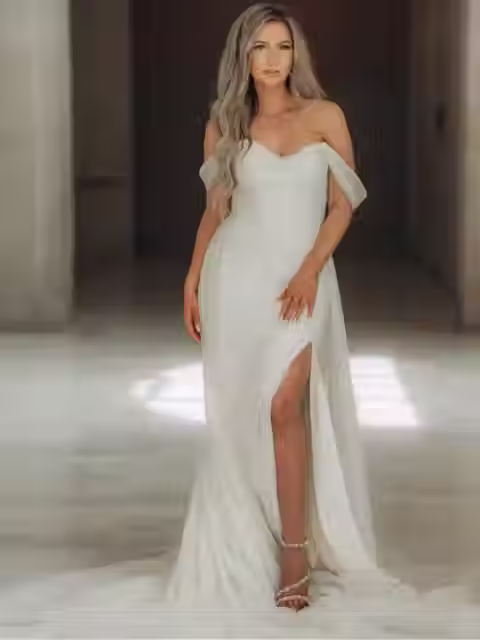 Off-the-shoulder shimmer bridal gown