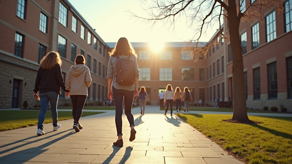 Eye-level view of a university campus with students walking