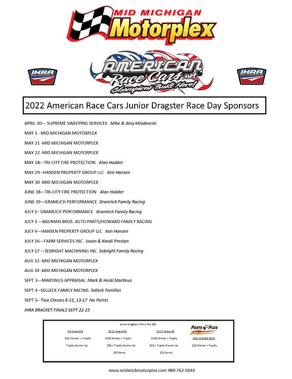 Mid Michigan Motorplex 2022 Schedule Junior Dragster Info | Midmichmotorplex