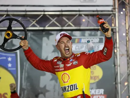 Joey Logano celebrates after winning the 2026 NASCAR Cup Series Bristol Night Race at Bristol Motor Speedway.