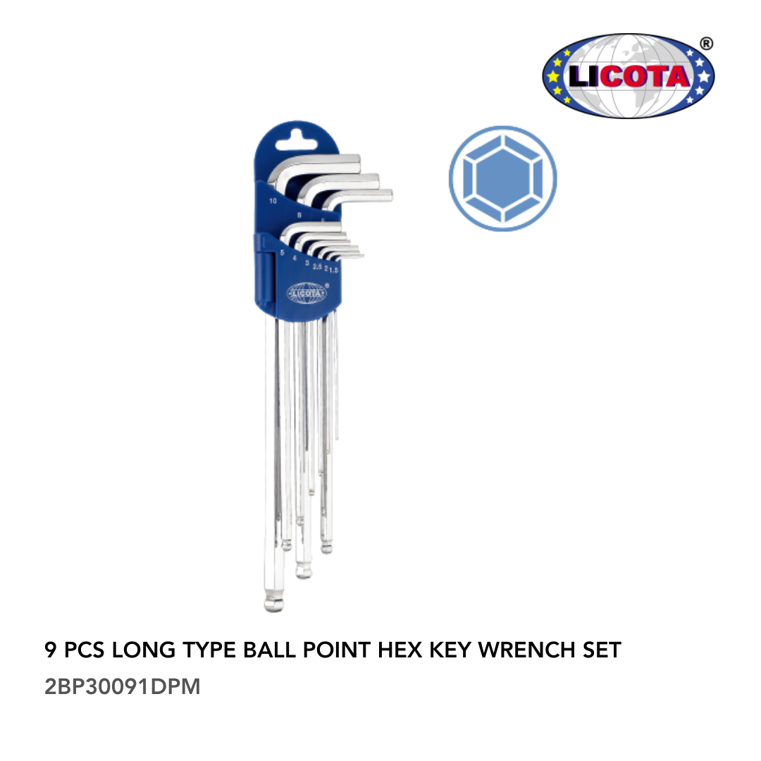 "LICOTA" 9 PCS EXTRA LONG TYPE BALL POINT HEX KEY WRENCH SET | 2BP30091DPM