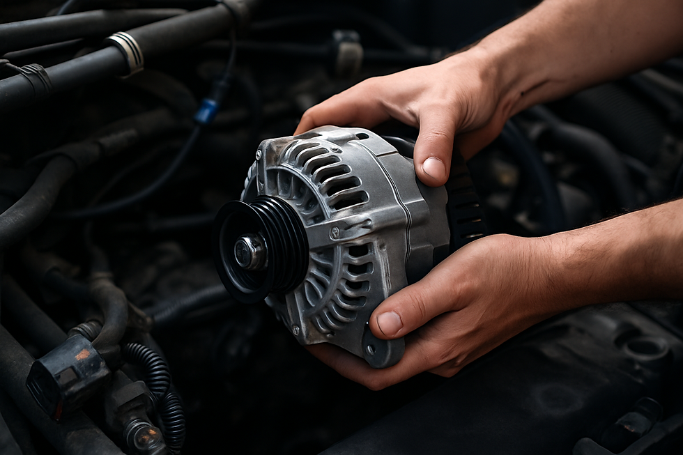 Manos de una persona instalando un alternador en el motor de un coche, mostrando el proceso de montaje con detalle y precisión sobre un fondo de cables y componentes.