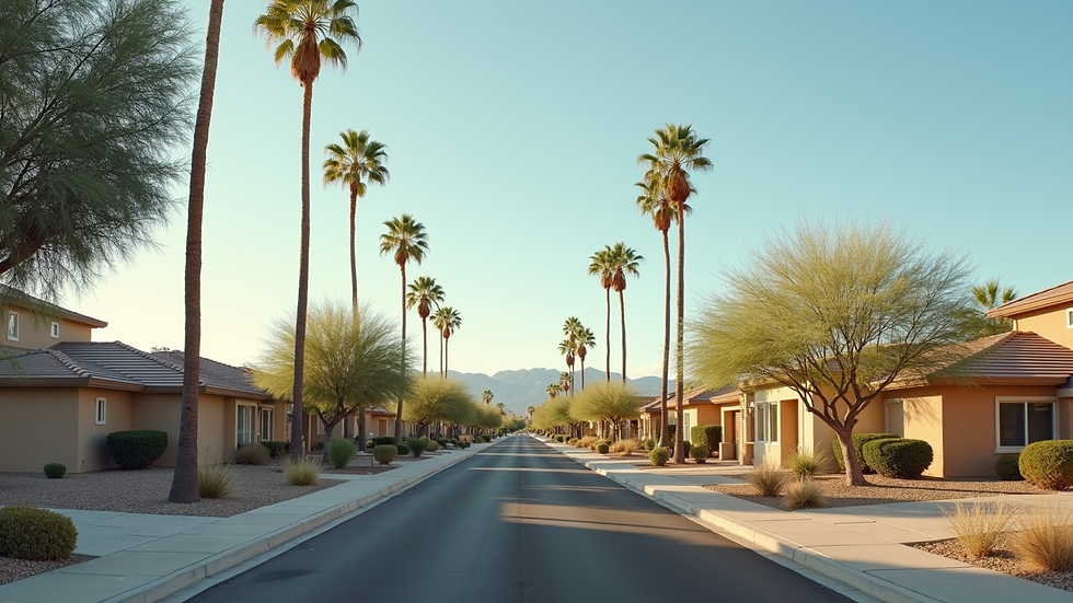 Eye-level view of a modern Phoenix neighborhood with houses and clear skies