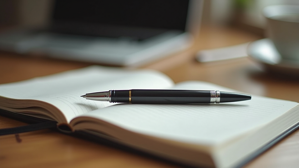 Close-up view of a journal and pen on a wooden table