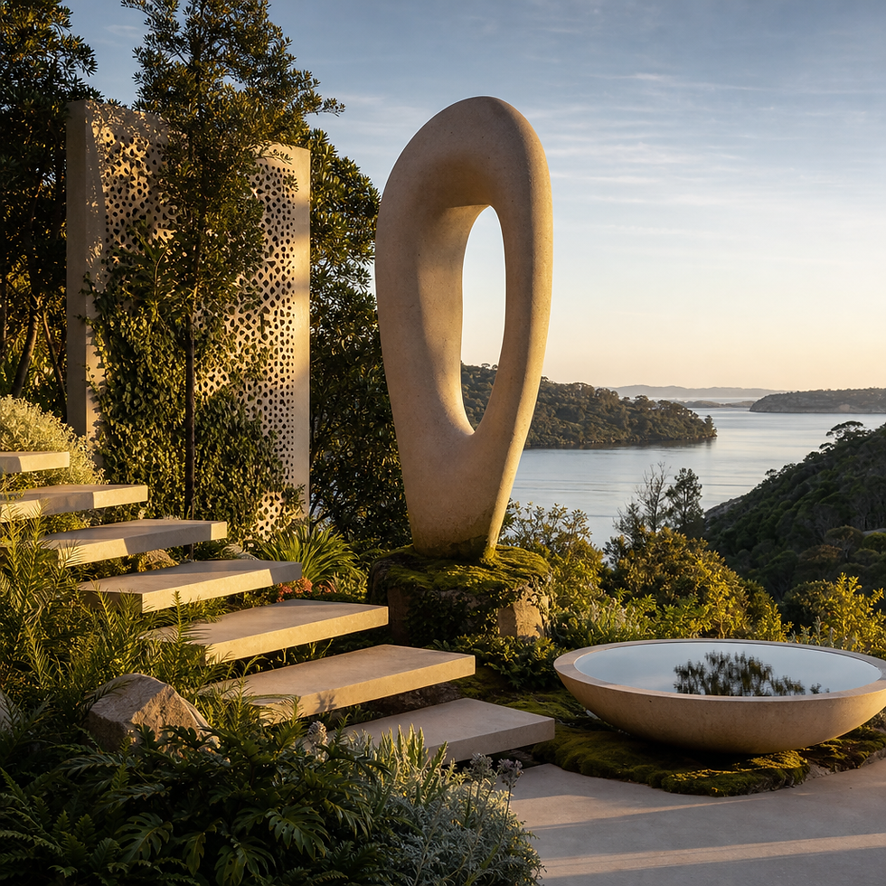 GRC landscape design. GRC floating stair treads. Custom concrete sculpture, planters adn decorative panels by Unfound Creations NZ