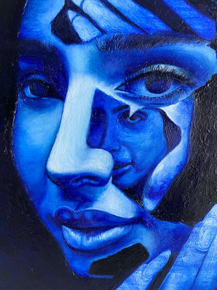 Blue-toned close-up painting of three overlapping faces and hands framing them, with intense eyes against a dark background.