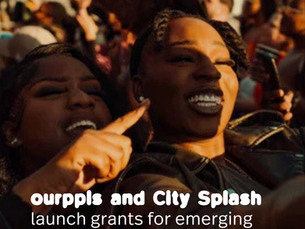 Two people smiling at an outdoor event. Text reads: "ourppls and City Splash launch grants for emerging event curators/producers."