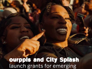 Two people smiling at an outdoor event. Text reads: "ourppls and City Splash launch grants for emerging event curators/producers."