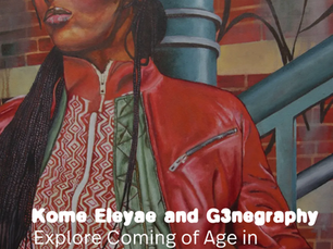 Poster-style portrait of a woman in a red jacket against brickwork, with ART/ARTICLE labels and exhibition text about London.