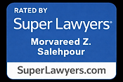 Blue background round edged square with white text saying Rated by Super Lawyers and then Morvareed Z. Salehpour underneath and at the both there is white strip that has SuperLawyers.com in grey text.