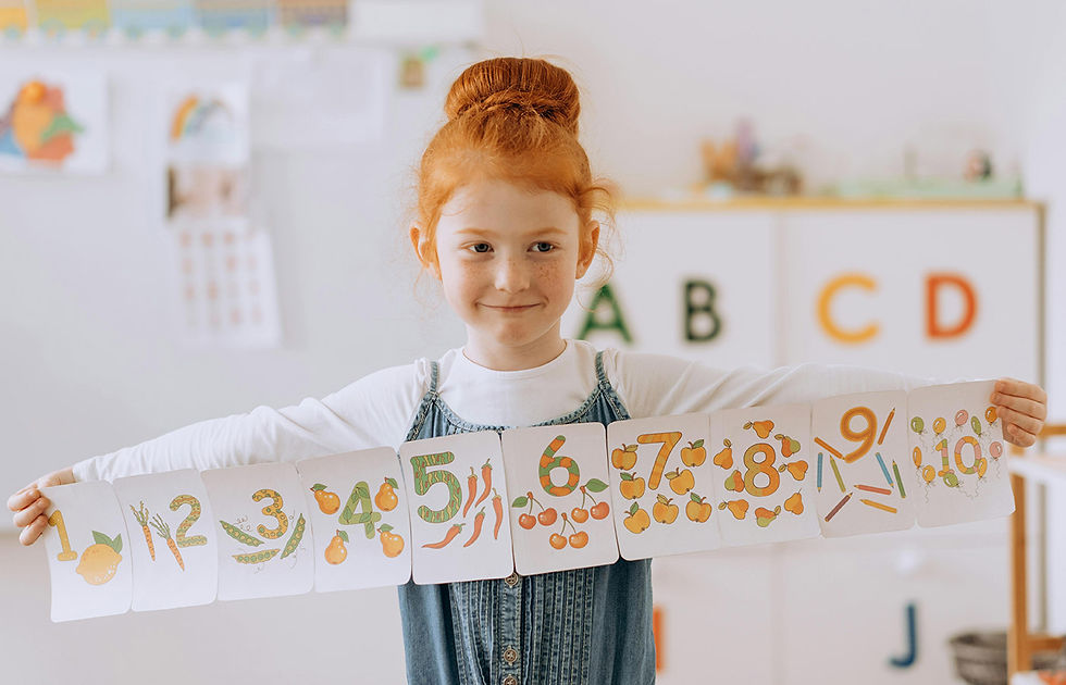 child with number and image cards