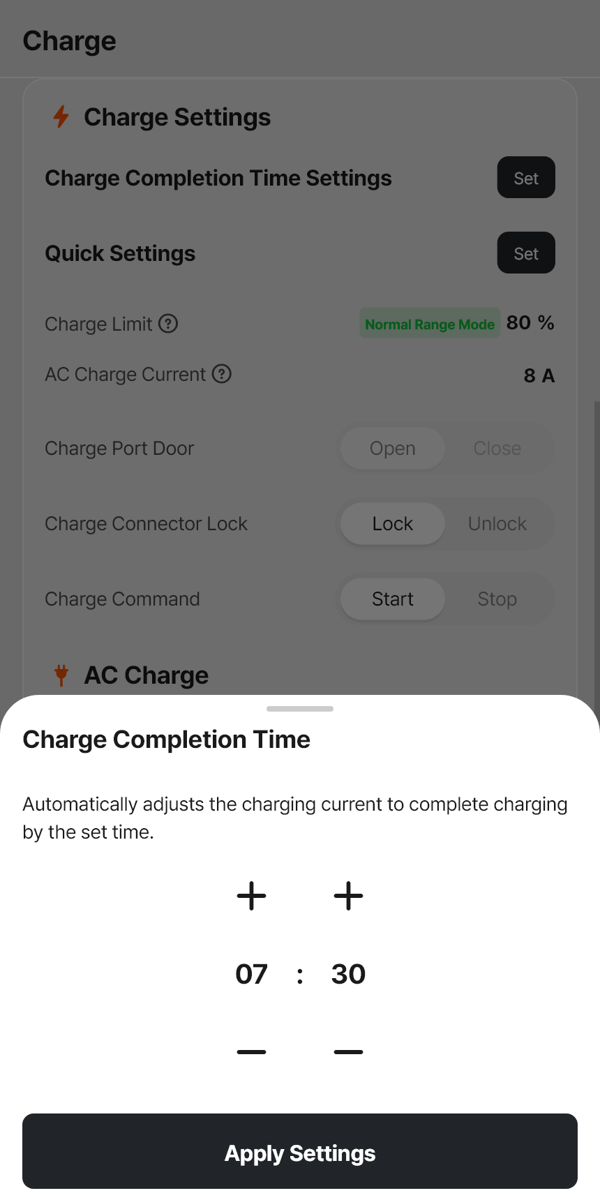 Dr.EV Charge Completion Time picker set to 07:30, with the Apply Settings button.