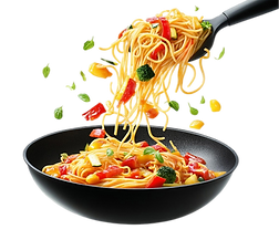 Plate of hot stir-fried noodles with fresh vegetables, Indo-Chinese style dish served fresh.