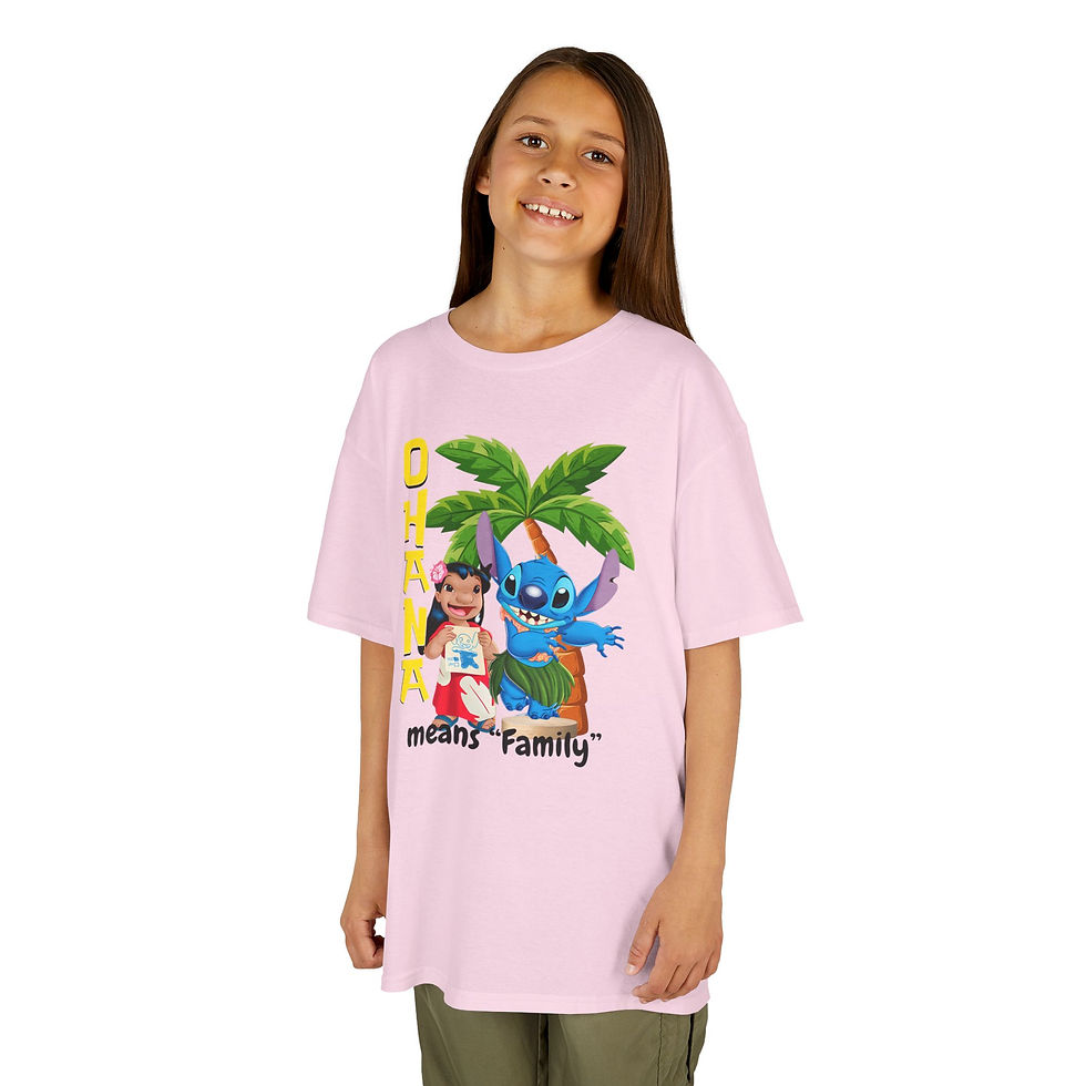 Thumbnail: Girl wearing Ohana means Family Kids tee