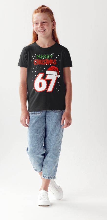 Thumbnail: Kids Christmas Tee "Merry Christmas 67" – Festive Santa Hat Holiday Shirt