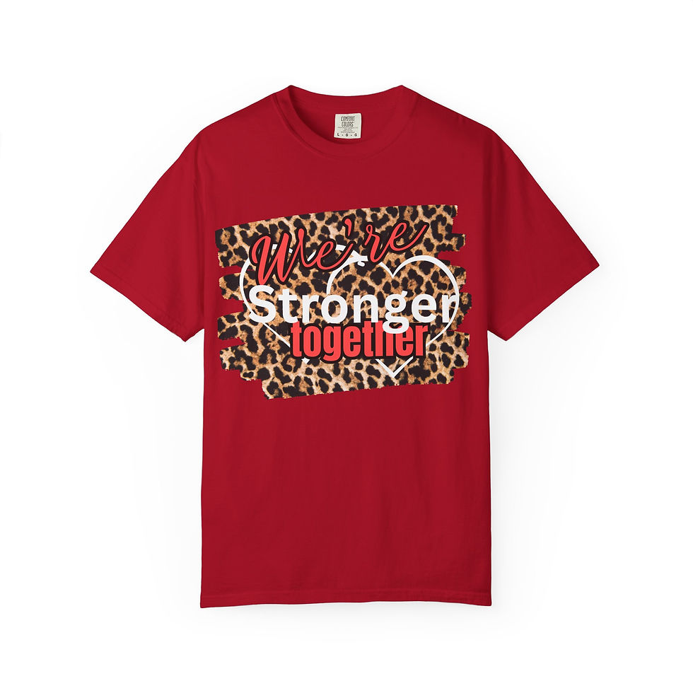 Thumbnail: Red t-shirt with "We Are Stronger Together" design