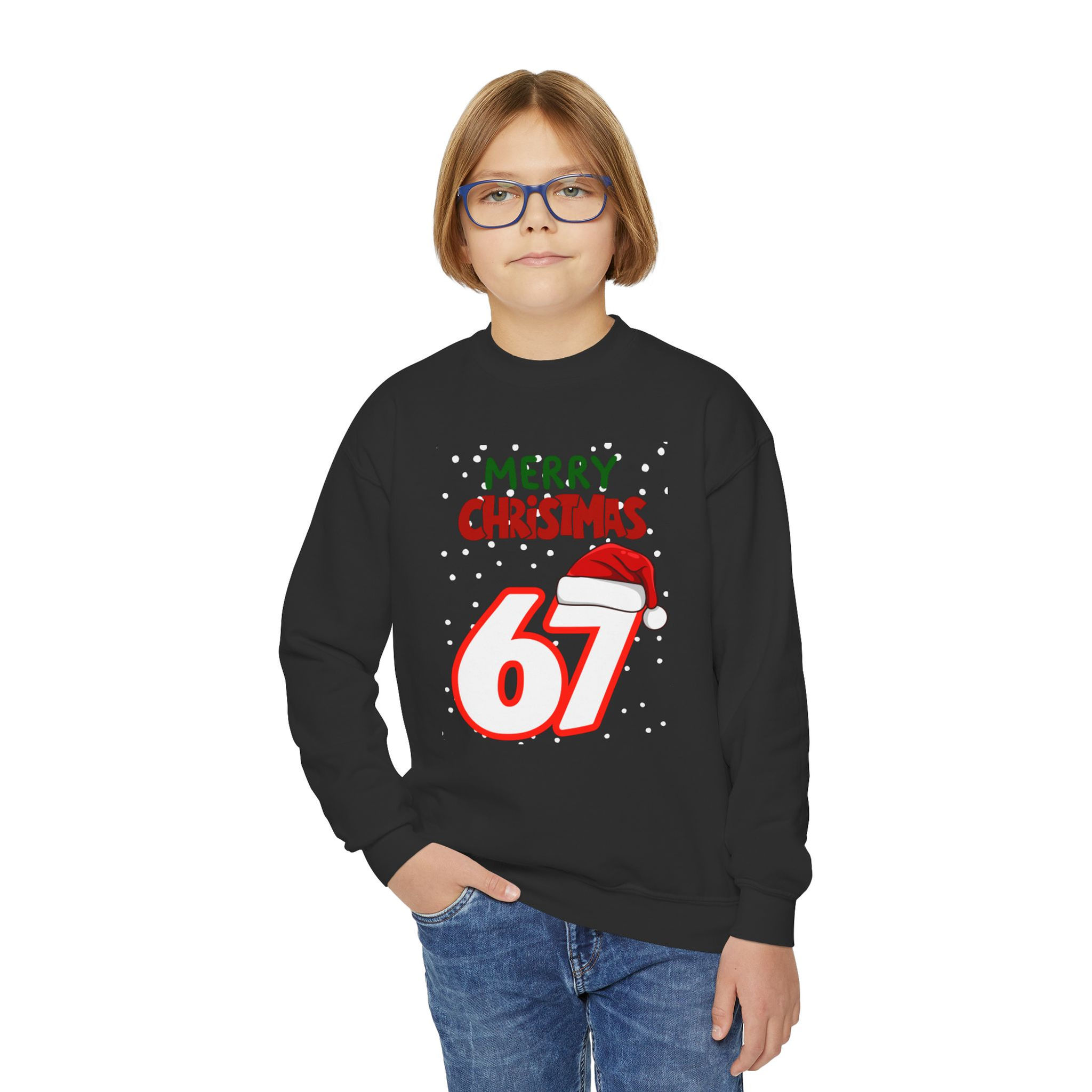 Merry Christmas 67 Youth Crewneck Sweatshirt — Santa Hat Holiday Sweatshirt