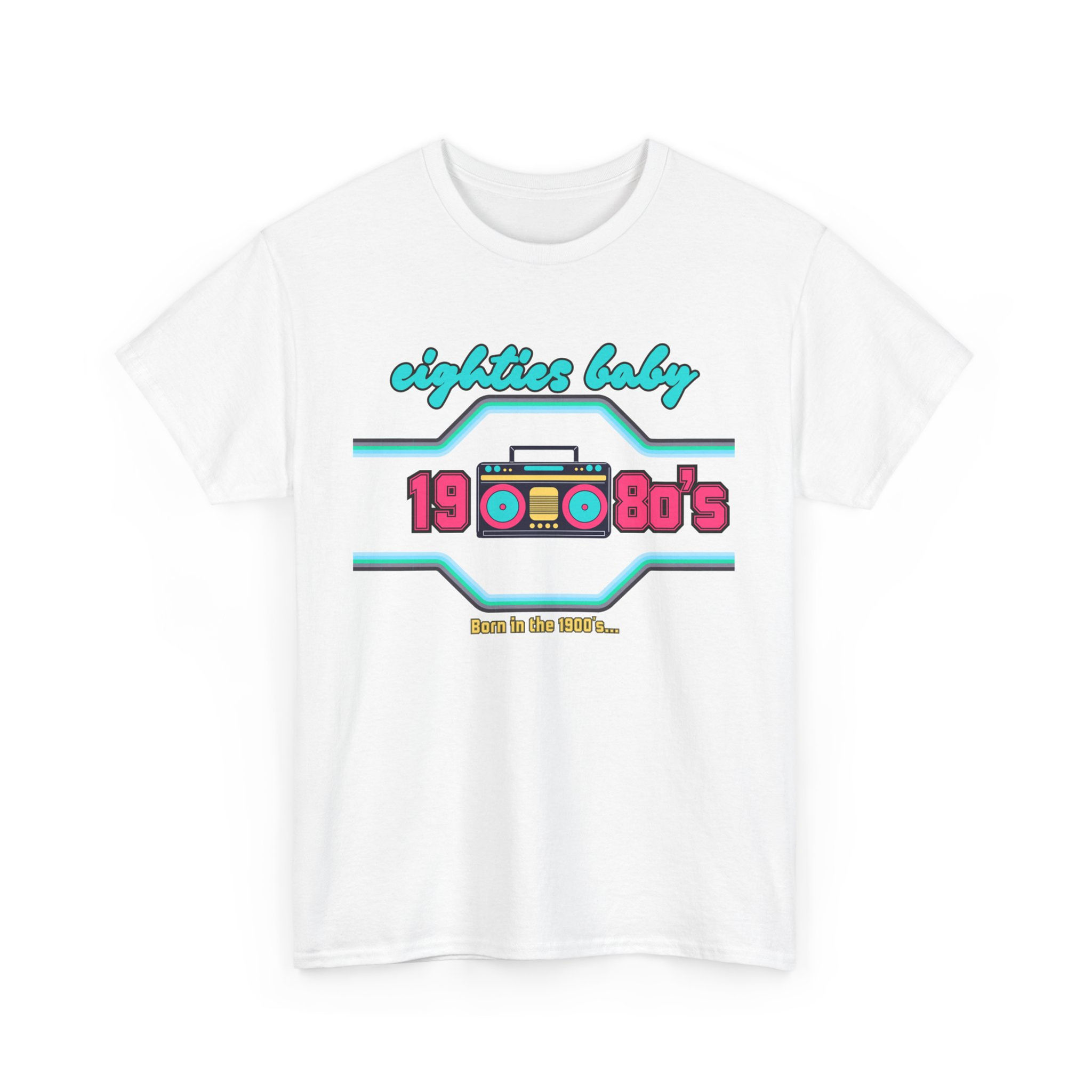 White 80s-themed T-shirt: "eighties baby" with boombox graphic