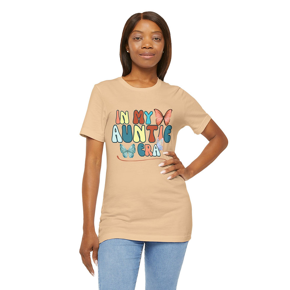 Thumbnail: Woman in tan "In My Auntie Vera" graphic tee