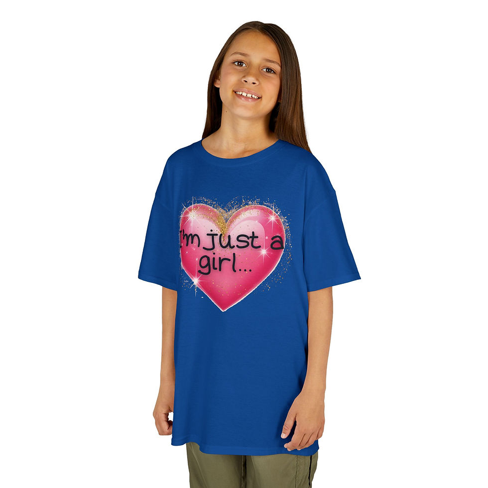 Thumbnail: Girl's royal blue tee with 'I'm just a girl...' on pink heart