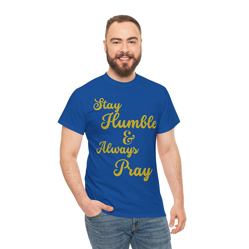 Thumbnail: Man in blue "Stay Humble & Always Pray" tee