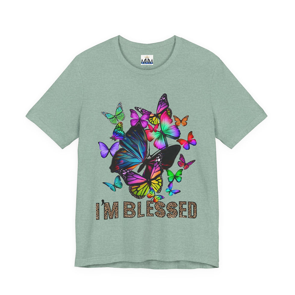 Thumbnail: Sage green tee shirt with colorful butterflies and "I'M BLESSED" text