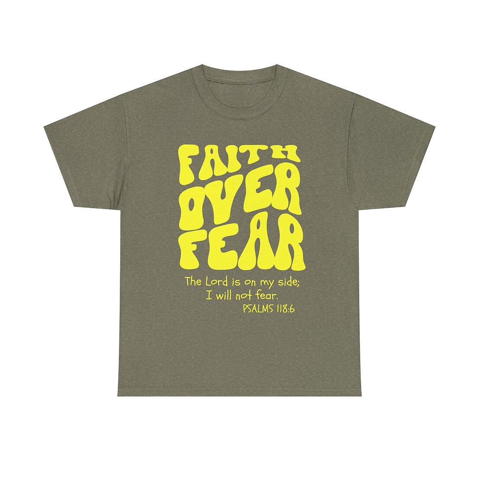 Thumbnail: Green Faith Over Fear tee shirt displays Psalm 23 verse