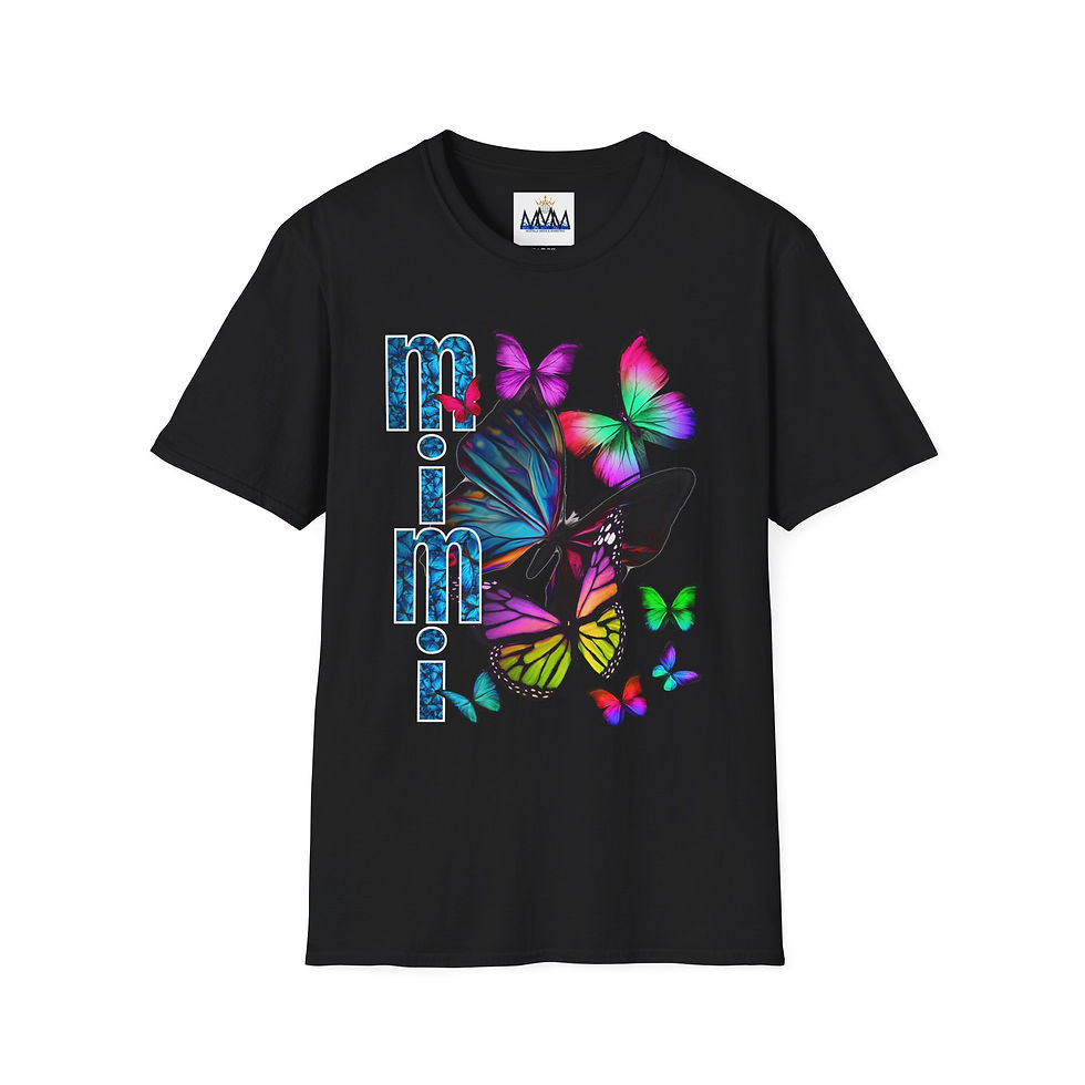 Thumbnail: Black tee with MIMU text and colorful butterflies