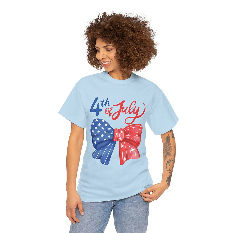 Thumbnail: Woman models light blue 4th of July shirt